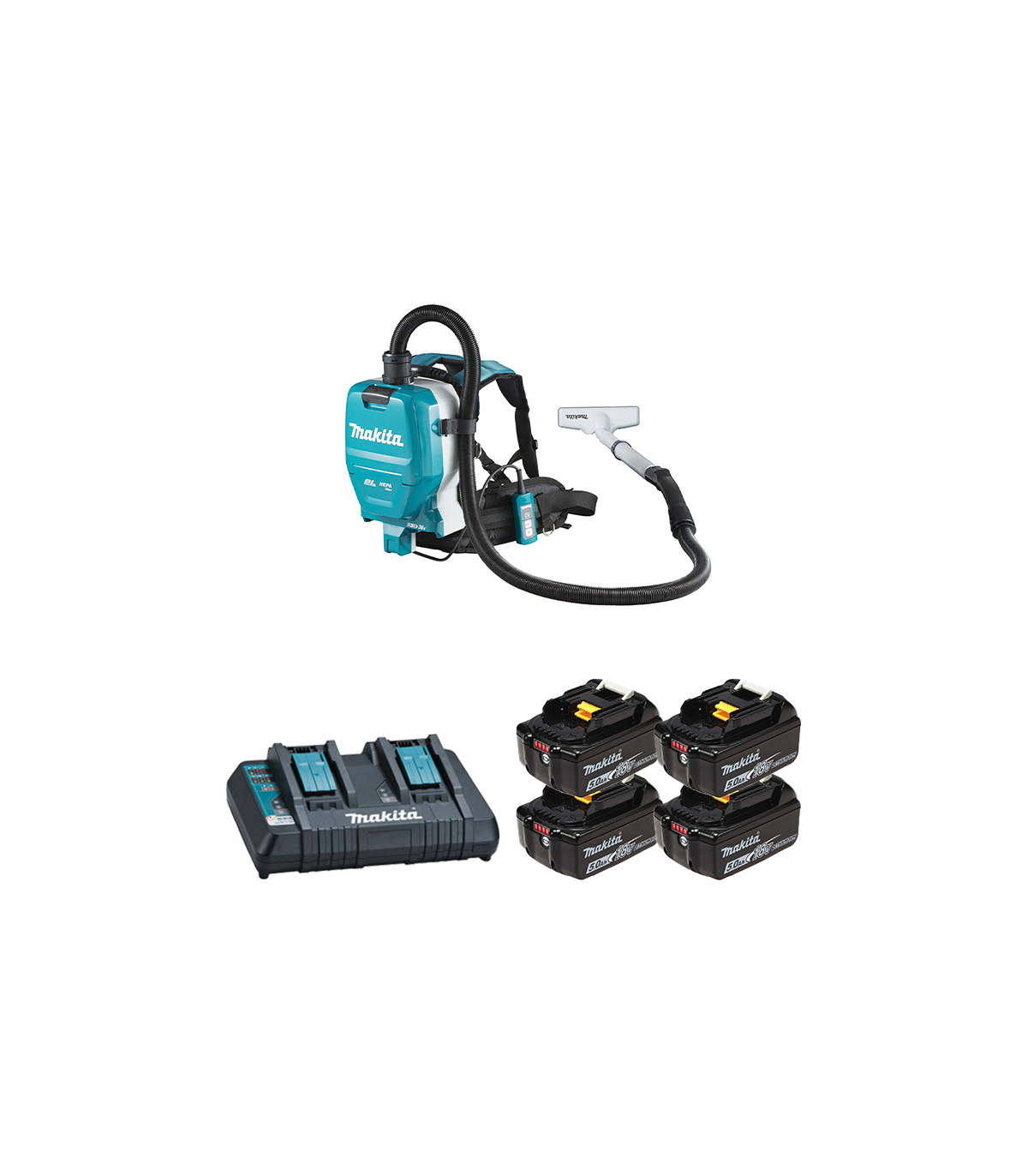 Aspirateur dorsal 2x18V DVC261ZX14 + 4 batteries BL1850B 18V 5 Ah + chargeur double DC18RD MAKITA