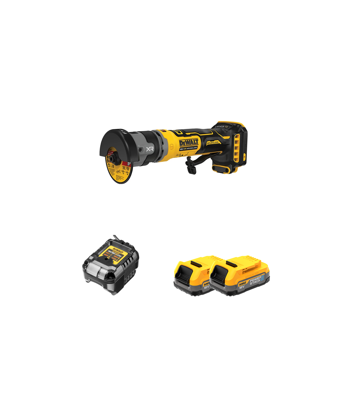 Meuleuse compacte 76mm XR 18V DCG430N-XJ + 2 batteries 18V 1,7 Ah PowerStack + 1 Chargeur DCB1102-QW DEWALT