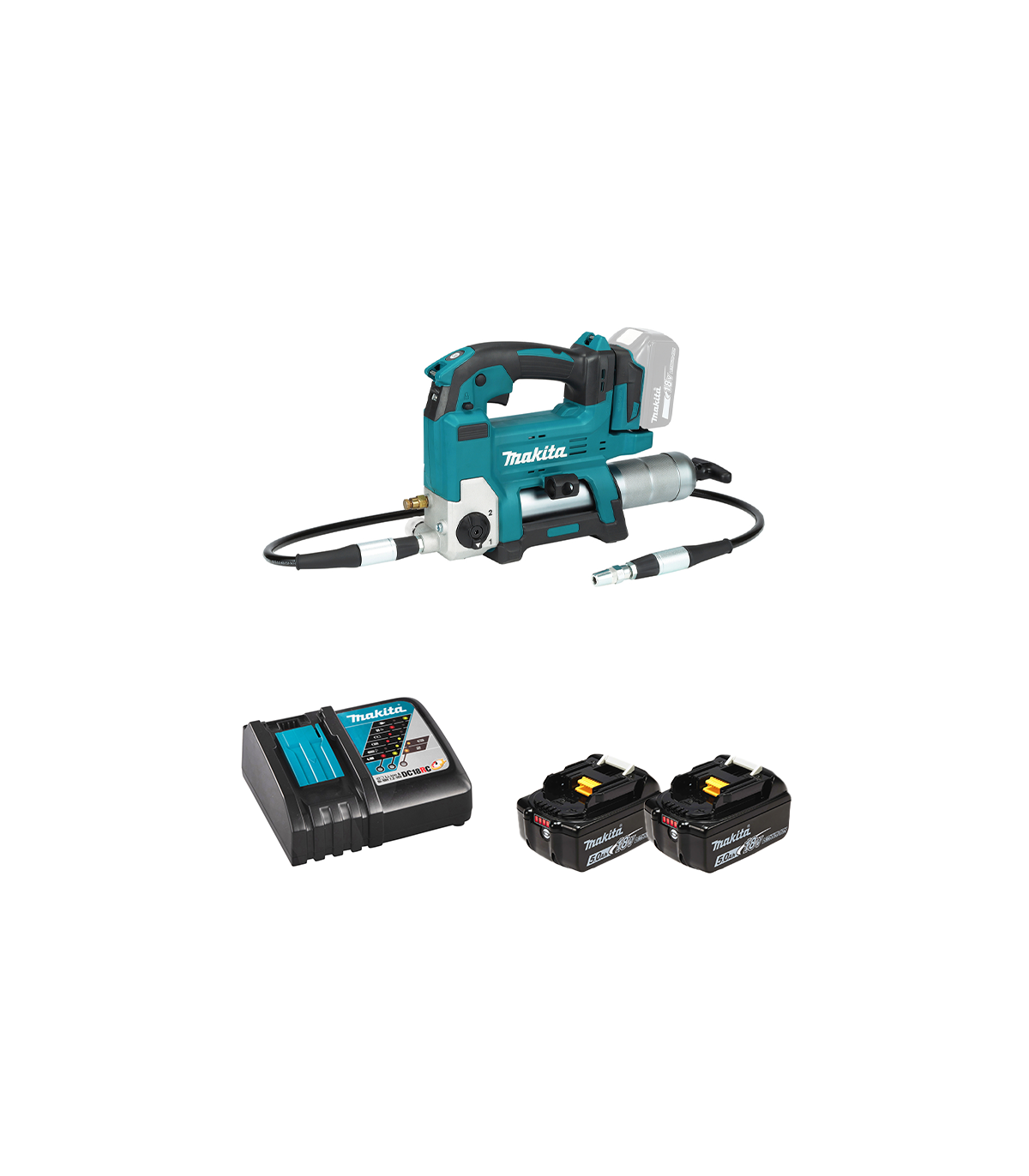 Pompe à graisse DGP180Z + 2 batteries BL1850B 18V 5 Ah + 1 chargeur rapide DC18RC MAKITA