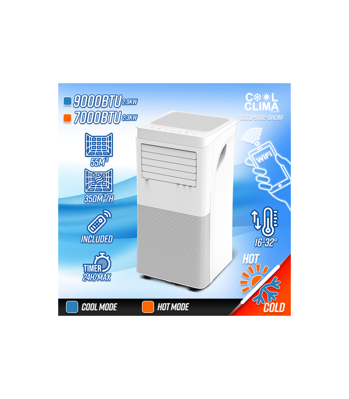 Climatiseur mobile réversible chaud/froid 9000BTU 2.9KW COOL CLIMA