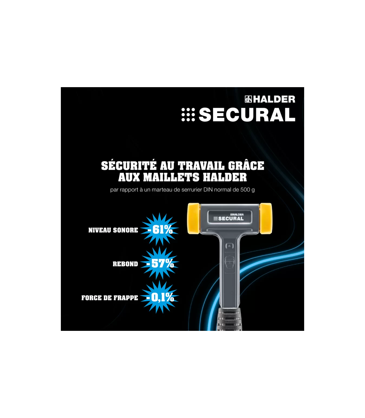 Maillet SECURAL tête 30x40 mm sans rebond, poignée spéciale HALDER