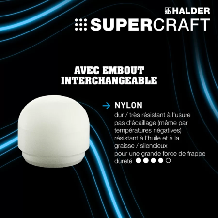Maillet SUPERCRAFT sans rebond Nylon plat et arrondi Ø30mm HALDER
