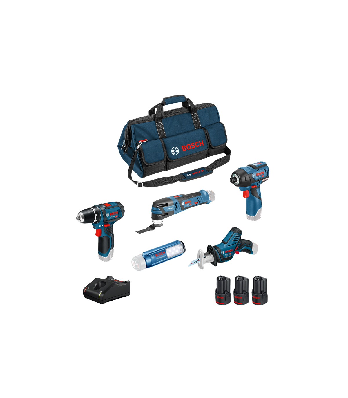 Pack de 5 outils 12V (GLI 12V-30 + GSR 12V-15 + GOP 12V-28 + GDR 12V-110 + GSA 12V-14) BOSCH