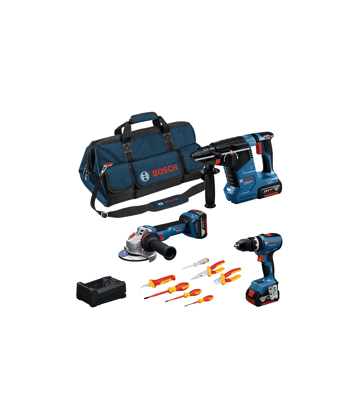 Pack 3 outils 18V (GSB 18V-65 + GWS 18V-11 + GBH 18V-24 C) + Coffret de 7 outils BOSCH