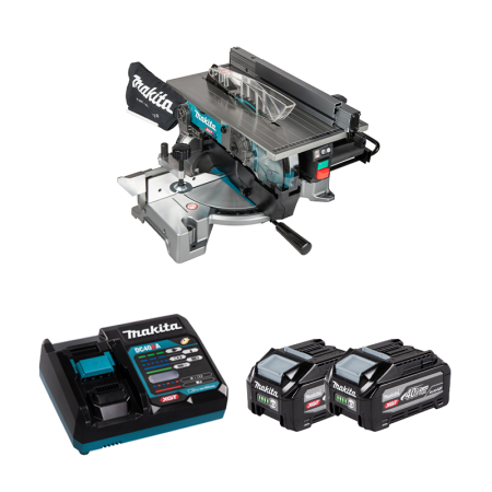 Scie à onglet radiale et délignage 40V Ø216mm LH001GZ + 2 batteries BL4040F 40V 4 Ah + chargeur rapide DC40RA MAKITA
